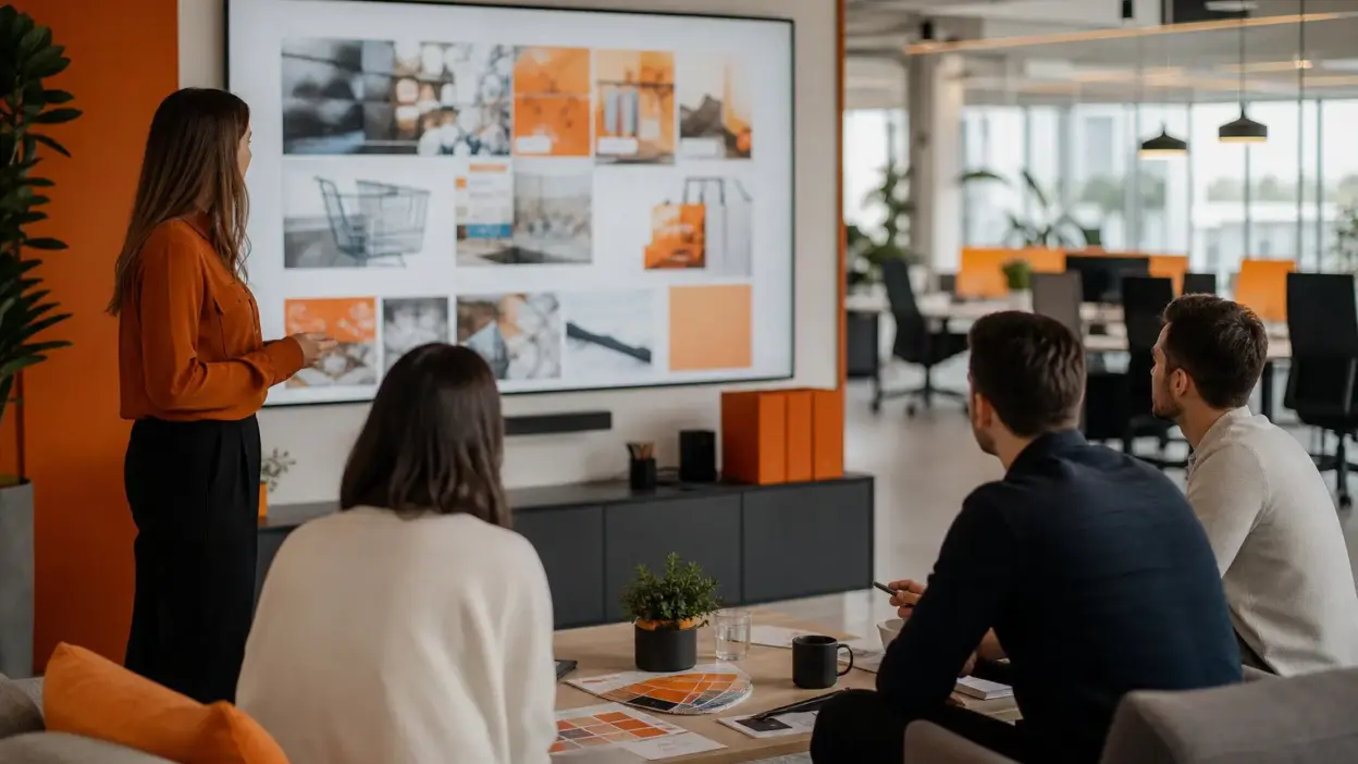 HR dan tim marketing berdiskusi di kantor modern mengenai strategi visual marketing untuk social commerce