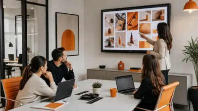 HR dan tim pemasaran meninjau materi visual marketing di kantor modern untuk memengaruhi keputusan pembelian online