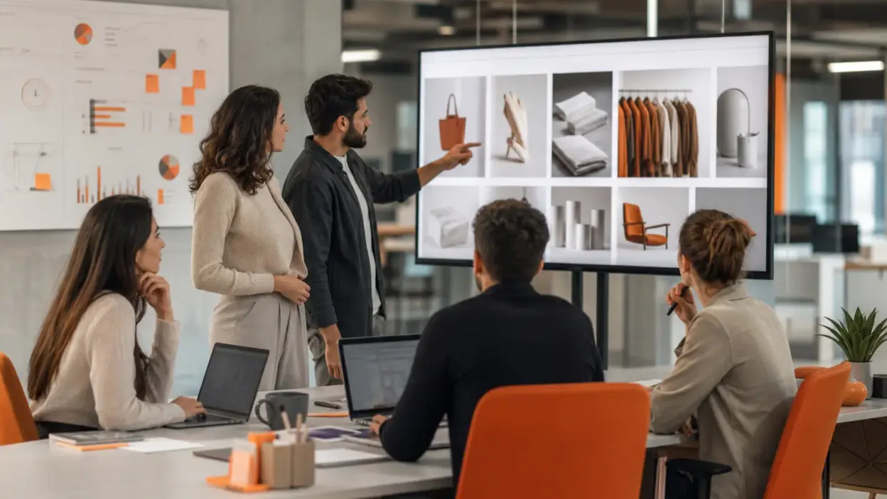 HR dan tim marketing mengevaluasi foto produk untuk strategi visual marketing UMKM di e-commerce